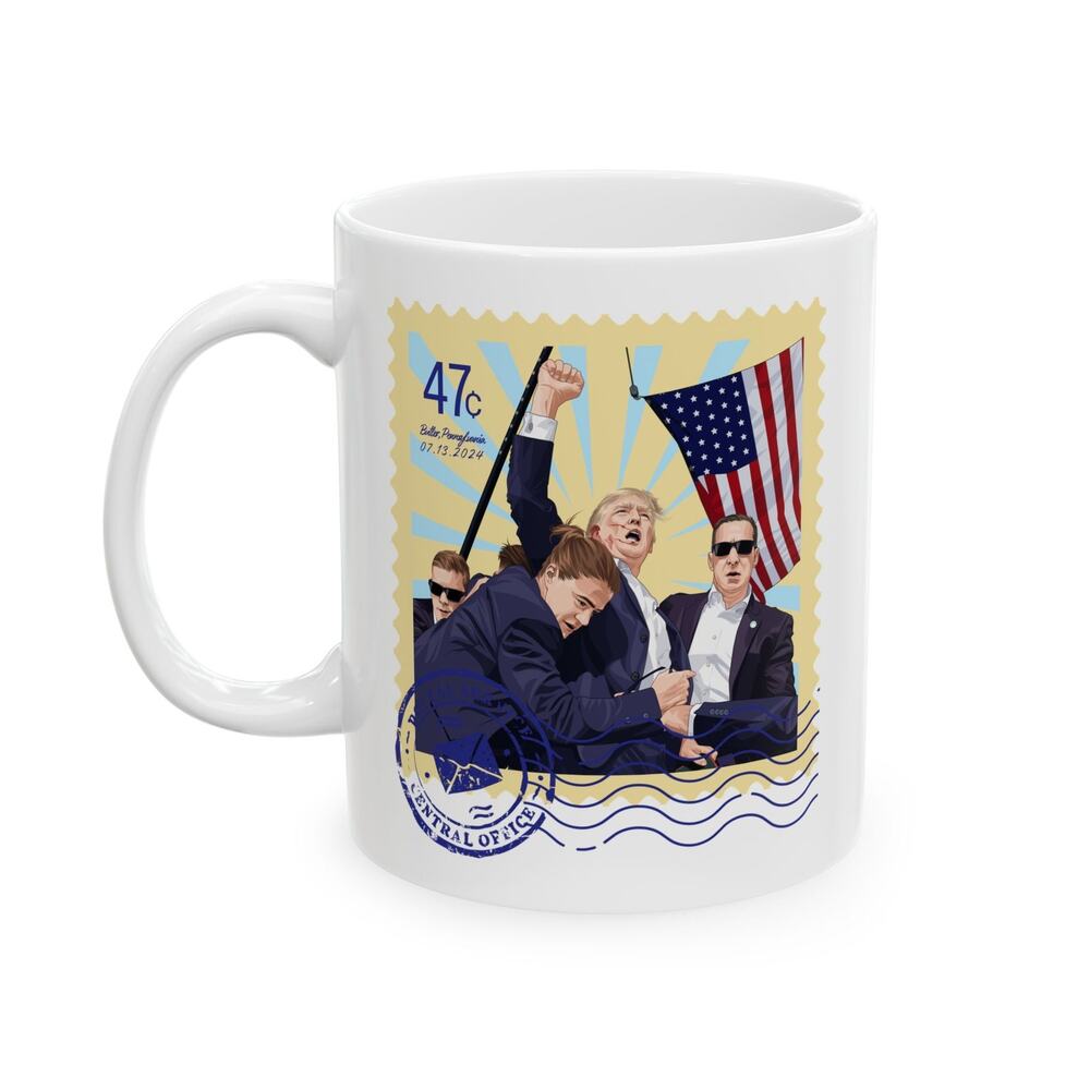 Trump 47c Assassination Defiance Cartoon Art II Postage Stamp - Ceramic Mug